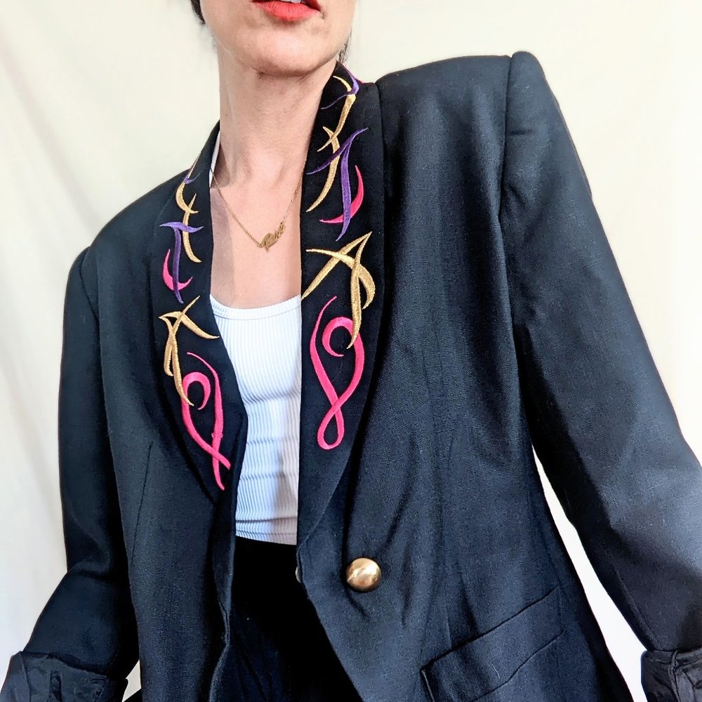 1980s Funky Black Blazer with Bright Design